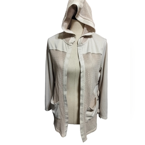 (1560) Coco Y Club Beige Mesh Pockets  Open Front Hooded  Jacket Size Medium - Picture 2 of 10